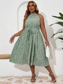 SHEIN Clasi 加大尺碼女裝時尚印花露肩收緊腰裙 - 綠色 - 查看 3