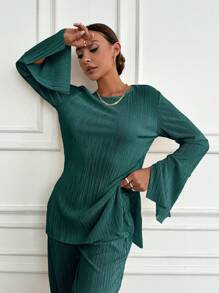 EURMUSE Ladies' Plain And Simple Long Sleeve And Long Pants Two-Piece Set For Daily Wear - Green - View 5