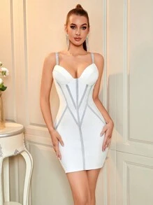 Allurite Robe bandeau sans manches pour femmes ornée de paillettes avec bretelles spaghetti - Blanc - Voir 3