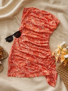 Soleia Women's Summer Holiday Floral Print Slim Fit Side Drawstring Bandeau Dress - Orange - View 1