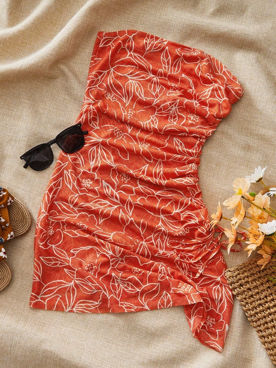 Soleia Women's Summer Holiday Floral Print Slim Fit Side Drawstring Bandeau Dress - Orange - View 1