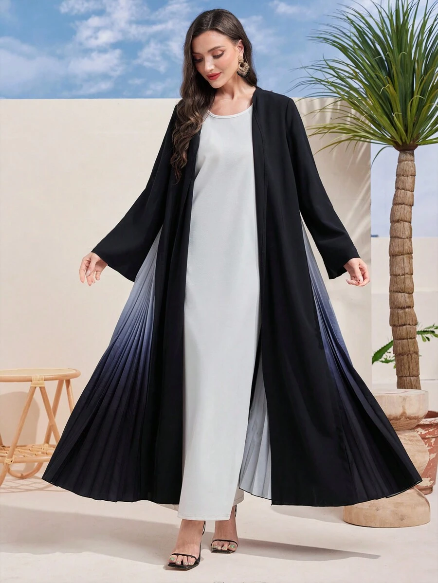 Al Najma Women's Gradient Color Long Sleeve Panel Pleated Long Elegant Abaya - Black - View 1