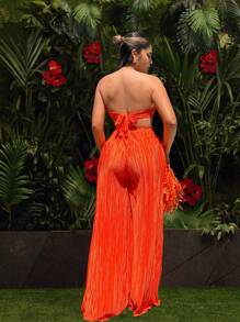 SHEIN SXY Conjunto de 2 piezas para el verano: Top sin tirantes naranja con escote y pantalones anchos naranja para vacaciones en la playa, ropa de mujer - Naranja Quemada - Ver 11