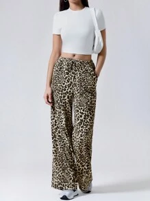 LYSMO Women's Summer Fashionable Leopard Print Wide Leg Pants-Animal Prints Western - Khaki - View 4
