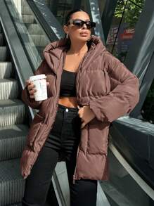 EURMUSE Ladies' Hooded Loose Fit Padded Jacket With Zipper - Brown - View 6