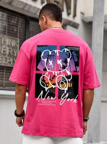 Manfinity Homme Loose Fit Men's Cartoon Bear & Slogan Graphic Tee - Hot Pink - View 1