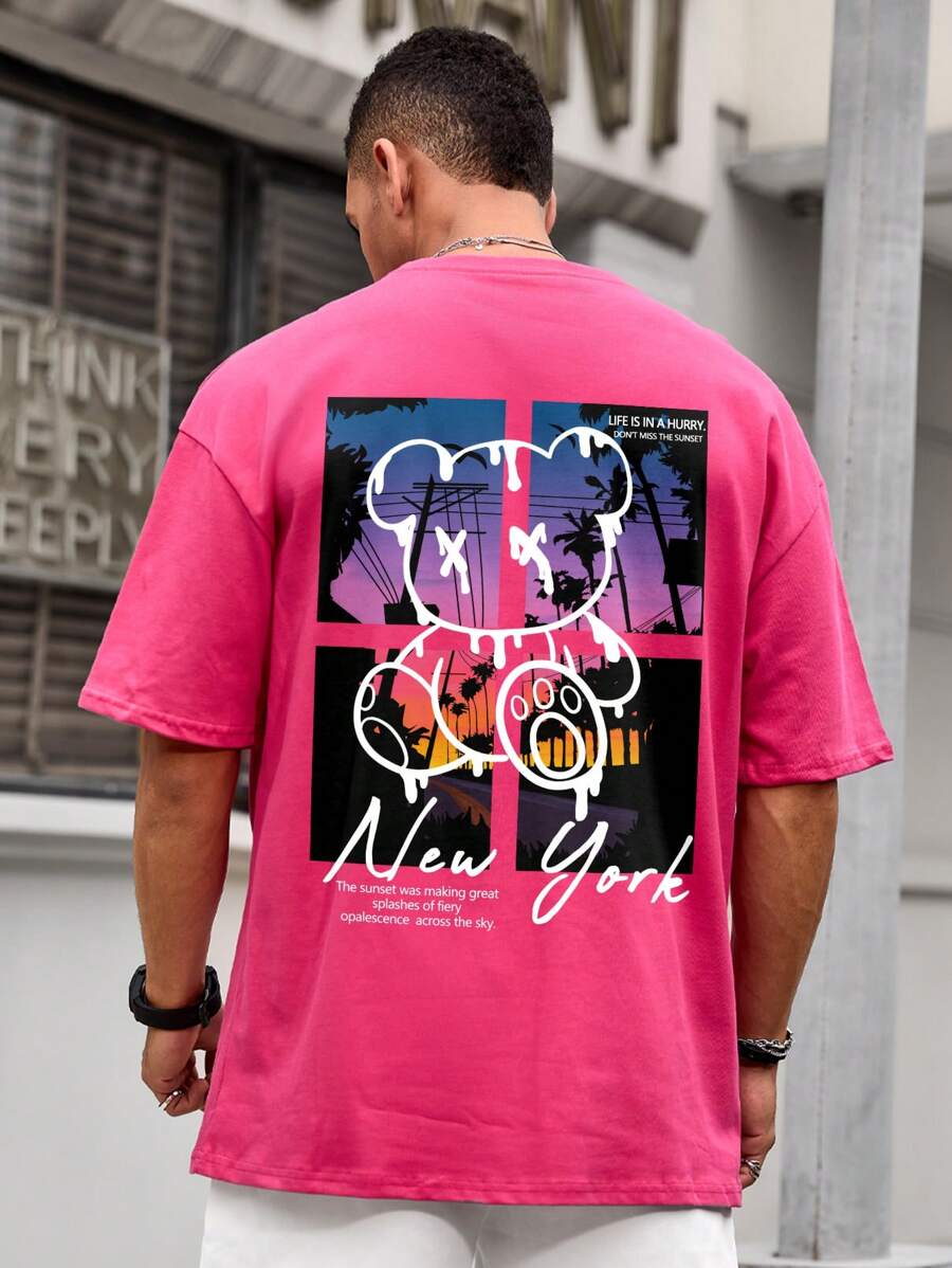 Manfinity Homme Loose Fit Men's Cartoon Bear & Slogan Graphic Tee - Hot Pink - View 1