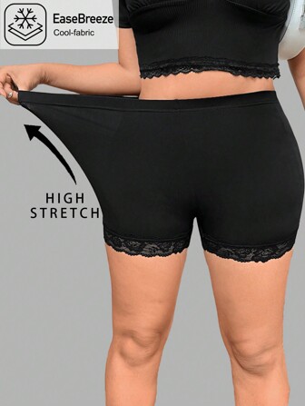 SHEIN EZwear Damen Große Größen Hohe Taille eng anliegende Fahrradshorts, Schwarz, gestrickter Rippstoff mit kühlem Eismeer Seide und Spitzenbesatz, funktional und vielseitig für den täglichen Sommertragekomfort.