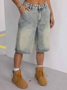 SHEIN Tall Mid-Waist Retro Washed Wide-Leg Denim Shorts - Medium Wash - View 5