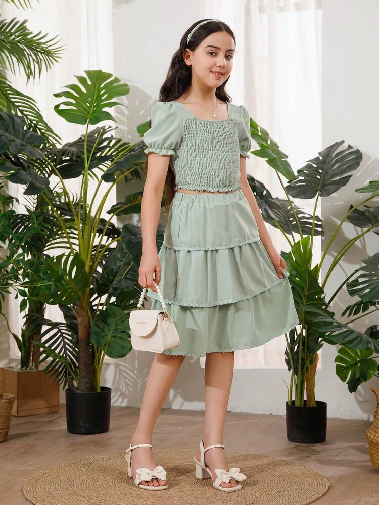 Tween Girl Short Sleeve Square Neck Top And Mid-Length Green Cake Skirt, Toddler Tween Girl Long Sleeve Square Neck Pullover And Casual Crossed Casual Pants, Family Matching Outfits (4 Separate Sets Sold)