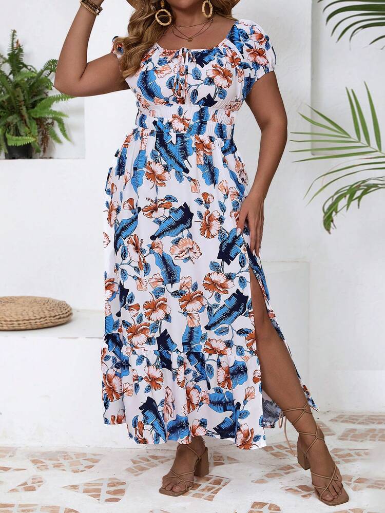 Plus-Size Women's Stylish Printed Waist-Cinching Long Vacation-Style Dress