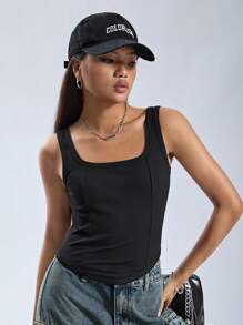 SHEIN Teen Girl Solid Color Knitted U-Neck Sleeveless Top With Curved Hemline For Casual Wear - Black - View 6