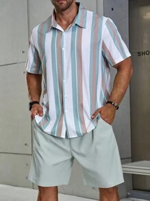 Manfinity Homme Men's Plus Size Summer Casual Striped Short Sleeve Shirt And Solid Color Shorts Set - Mint Green - View 7