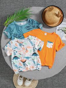 SHEIN Leap Crew 3pcs Young Boy Casual & Comfortable Round Neck T-Shirt Set, School, Campus, College - Orange - View 1