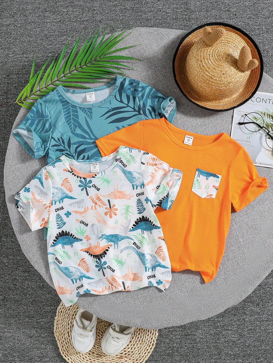 SHEIN Leap Crew 3pcs Young Boy Casual & Comfortable Round Neck T-Shirt Set, School, Campus, College - Orange - View 1