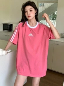 DAZY 女士夏季圆领条纹插肩袖短袖休闲T恤宽松T恤 - 粉色 - 查看 4