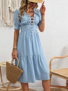 Breezaya Women's Vacation Casual Criss-Cross Strap Puff Sleeve Dress - Light Wash - View 6