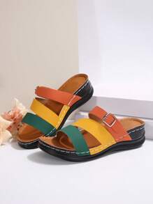 Summer New Colorblock Splicing Open Toe Sandals, Metal Buckle Decor, Platform Wedge Heel Design, Criss-Cross Hollow Breathable Upper, Fashionable Casual Vacation Versatile Sandals For Women - Màu vàng - Xem 5