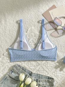 SHEIN Swim Solid Color Deep V-Neck Bikini Top, Summer Beach Swimwear - Blue - View 2