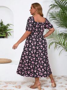 SHEIN VCAY 大尺碼女性時尚夏季甜美印花收腰分開式裙子 - 粉色 - 查看 2