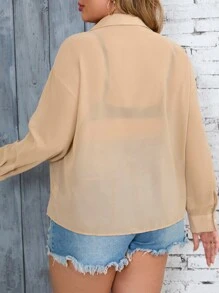 SHEIN VCAY 大尺碼女式時尚簡約純色寬鬆透視襯衫 - 卡其色 - 查看 2