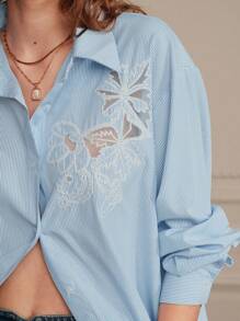 Anewsta Blue Striped Casual Casual Hollow Out Burnt-Out Embroidery Turn-Down Collar Long Sleeve Shirt
