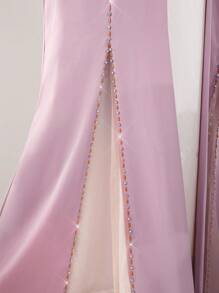 Al Najma Coffee Color Grid Sheer Classic Handmade Modest Long Sleeve Arabian Abaya With Rhinestones, Robe - Pink - View 4