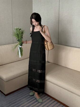 女士純色復古蕾絲夏季吊帶裙，適用於度假