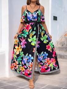 SHEIN VCAY Plus Size Kỳ nghỉ Spaghetti dây đeo lệch vai Áo dài in hình - Nhiều màu - Xem 6