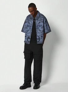 SUMWON Boxy Fit Zip Nylon Shirt With All Over Print - Dark Grey - View 4