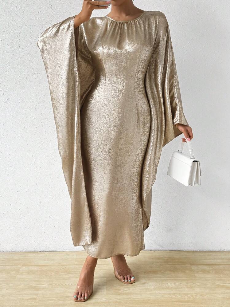 gold dress shein SHEIN SXY Plus Size Solid Color Wrap Around Neck Backless Fitted Long Gold  Dress