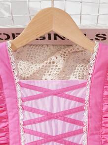 Young Girl Woven Solid Color Square Neck Ruffle Trim Loose Elegant Jumpsuit - Hot Pink - View 5