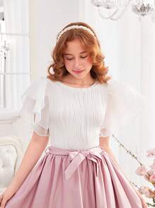 SHEIN Teen Girl Solid Color Jacquard Mesh Panel Ruffle Sleeve Casual T-Shirt - White - View 1