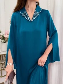 Al Najma Vestido árabe de un solo color sencillo para la vida cotidiana, con aberturas y mangas abombadas, para primavera y verano, vestido largo modesto y elegante de manga larga y longitud total tipo kaftan - Azul - Ver 5