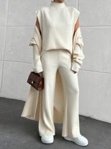 EURMUSE Solid Color Minimalist Waffle Knit Ribbed Three-Piece Set - Beige - View 5