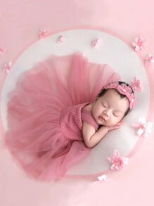 SHEIN Baby Girl 2pcs Pearls Headband And Net Yarn Knitted Dress Photography Props Costume Set - Pink - View 4