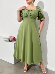 Mulvari Plus Size Women's Solid Color Simple Daily Dress, Milkmaid Sundress - Green - View 6