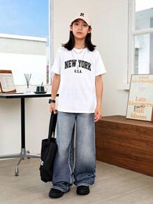 SHEIN Tween Boy Casual Stylish Washed Loose Wide Legs Denim Jeans, For Spring/Summer - Light Wash - View 3