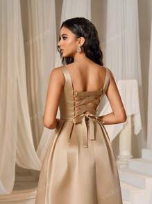 Faeriesty Elegant Satin Square-Neck Tie-Dress With Dramatic Floor-Length Hem | Luxurious Evening Look For Galas, Weddings Or Red Carpet Events Bridesmaid Dress