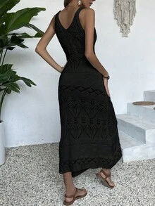 Women's Solid Color Minimalistic Everyday Hollow Slip Dress Summer - Black - View 2