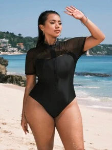 Swim SPRTY Plus Size Women's Simple Solid Color Short Sleeve Zip-Up Surfing Suit Summer - Black - View 4
