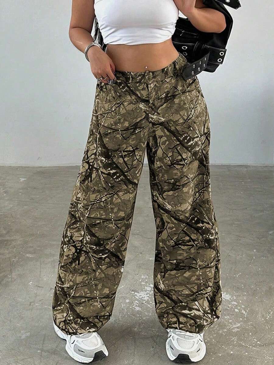 Flirla Plus Size Casual Camo Branch Print Straight Leg Pants - Multicolor - View 1
