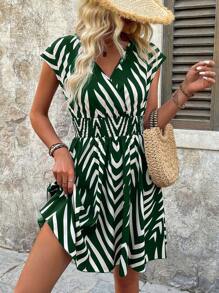 SHEIN Clasi Women's Summer Casual Striped & Printed Shirred Short Sleeve Belted Dress - Dark Green - View 4