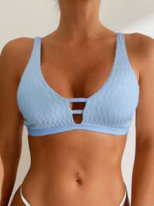 SHEIN Swim Solid Color Deep V-Neck Bikini Top, Summer Beach Swimwear - Blue - View 3