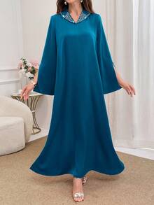 Al Najma Vestido árabe de un solo color sencillo para la vida cotidiana, con aberturas y mangas abombadas, para primavera y verano, vestido largo modesto y elegante de manga larga y longitud total tipo kaftan - Azul - Ver 4