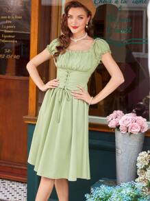 SHEIN DECDS Vestido elegante vintage para mujer, corte holgado, cuello cuadrado, mangas abullonadas, pliegues, volantes, cinturón en la cintura, lazo cruzado, lazo, vestido verde agua tipo paraguas para primavera/verano, estilo Bridgerton, vestido casual, vestido largo, vestido tipo lechera, vestidos de verano para mujer, ropa de otoño, ropa de vuelta al colegio, vestido para concierto - Verde - Ver 4