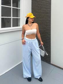 Flirla Plus Size Women's Elastic Waist Blue And White Striped Patchwork Pants - Blue and White - View 5