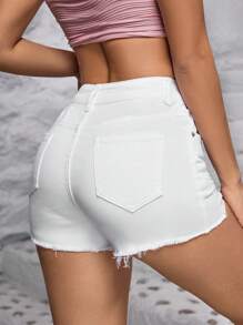 SHEIN PETITE Ladies' Casual Denim Shorts With Distressed Pockets And Frayed Hem - White - View 2