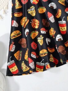 Vestido cómodo de manga corta con estampado de patatas fritas y hamburguesa de dibujos animados para niña joven junto con bolsa, adecuado para salidas y vacaciones de verano - Negro - Ver 5