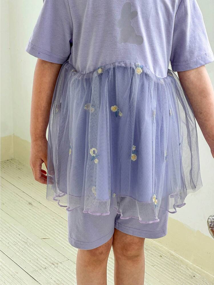 Young Girl Mesh Skirt Top + Tight Shorts Casual Sports Suit, Suitable For Vacation And Summer Travel